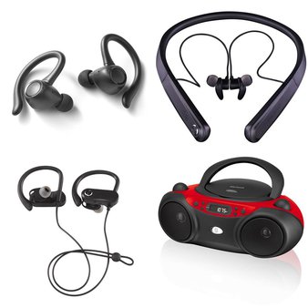 Pallet – 279 Pcs – In Ear Headphones, Boombox, Receivers, CD Players, Turntables – Customer Returns – Blackweb, Onn, GN Netcom, Canon