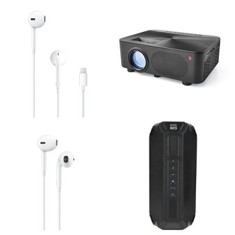 APPLE SPECIAL! 1 Pallet – 263 Pcs – In Ear Headphones, Portable Speakers, Projector, All-In-One – Untested Customer Returns – Apple, onn., Altec Lansing, Packed Party