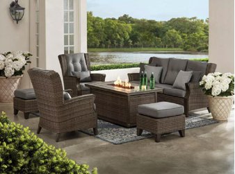 Pallet – Member’s Mark SBGX07700-6 Newcastle 6-Piece Patio Deep Seating Set with Fire Pit – Smoke – Patio – Customer Returns – Member’s Mark