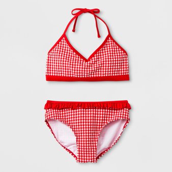 100 Pcs – Cat & Jack Girls’ Textured Gingham Bikini Set, Red M – New – Retail Ready