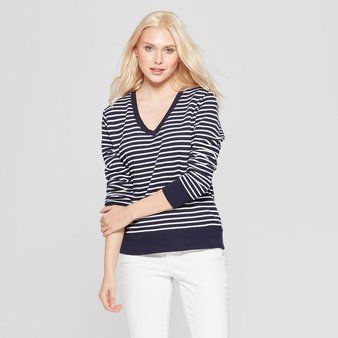 100 Pcs – A New Day Women’s Striped Long Sleeve V-Neck Pullover, Navy/Cream S – New – Retail Ready