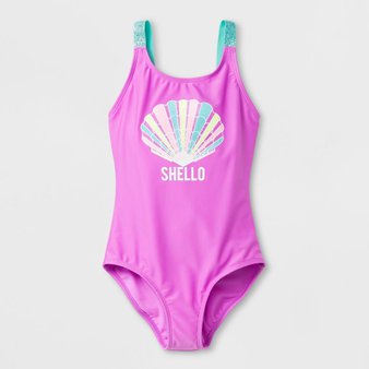 100 Pcs – Cat & Jack Girls’ Sea Shell Fun One Piece Swimsuit – Purple S – New – Retail Ready