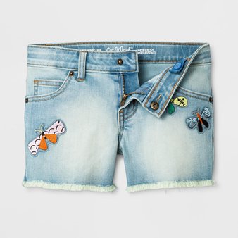 100 Pcs – Cat & Jack Girls’ Denim Shorts With Patches, L, Light Blue – 78% Cotton – New – Retail Ready