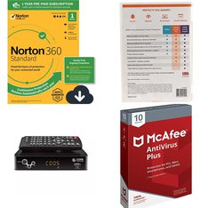 Pallet - 217 Pcs - Software, Accessories, Receivers, CD Players, Turntables, Boombox - Customer Returns - McAfee, Webroot, Norton, Core Innovations