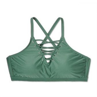 100 Pcs – Xhilaration Women’s Lace-Up High Neck Bikini Top, Olive 18W – New – Retail Ready