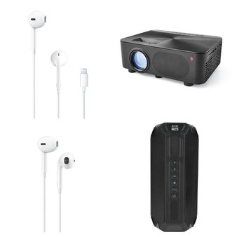 Pallet – 263 Pcs – In Ear Headphones, Portable Speakers, Projector, All-In-One – Customer Returns – Apple, onn., Altec Lansing, Packed Party