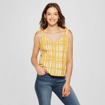 25 Pcs – Universal Thread Women’s Plaid Shoulder Tie Tank Yellow M – New – Retail Ready