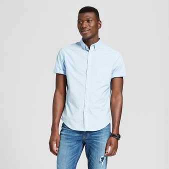 30 Pcs – Goodfellow & Co Men’s Short Sleeve Standard Fit Poplin Button-Down Shirt – Bayshore Blue, S (100% Cotton) – New – Retail Ready