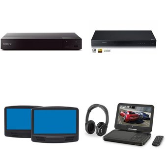 28 Pcs – Sony, BDPS6700, Blu-ray Player, RCA DRC80196 10″ Dual Screen Mobile DVD System, LG UBKM9 Streaming 4k Ultra Hd Audio Blu-ray With Dolby Vision, Black, GPX PDB1077B 10.1″ Bluetooth DVD Player with Wireless Headphones -Refurbished (GRADE A, GRADE B) – Sony, RCA, LG, GPX