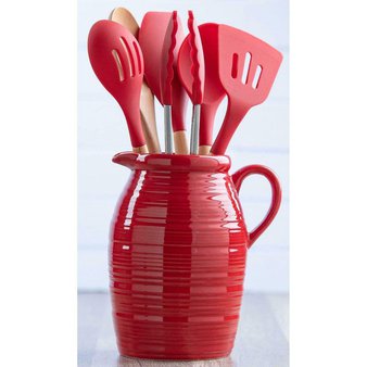 6 Pcs – FarmHouse 980213240 Pitcher Crock and Silicone Tipped Kitchen Tools Utensils 7 Piece Set – New – Retail Ready